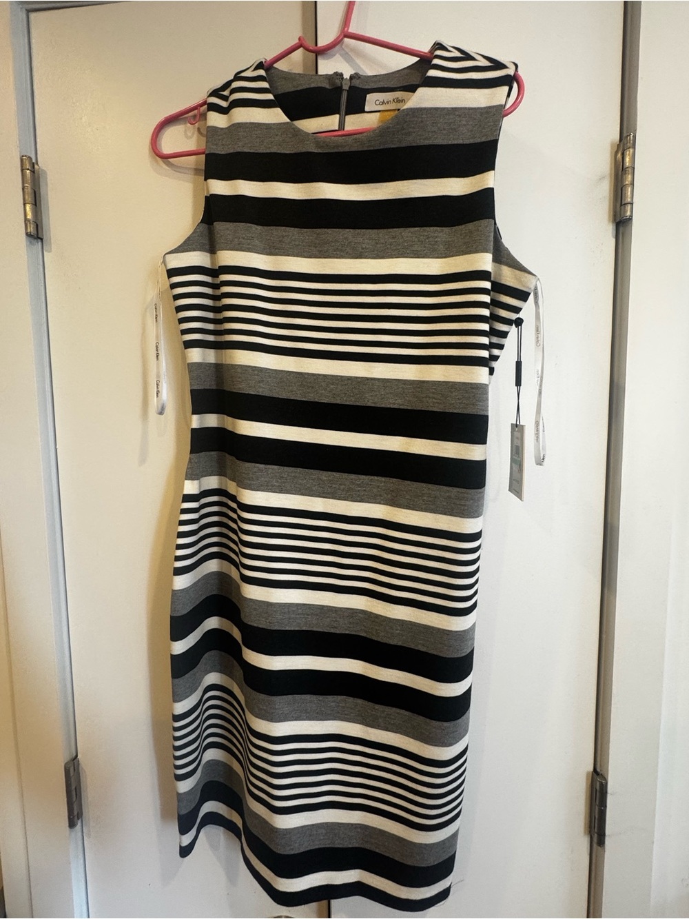 NEW: Calvin Klein Black & White Striped Sheath Dress Women’s Size 8